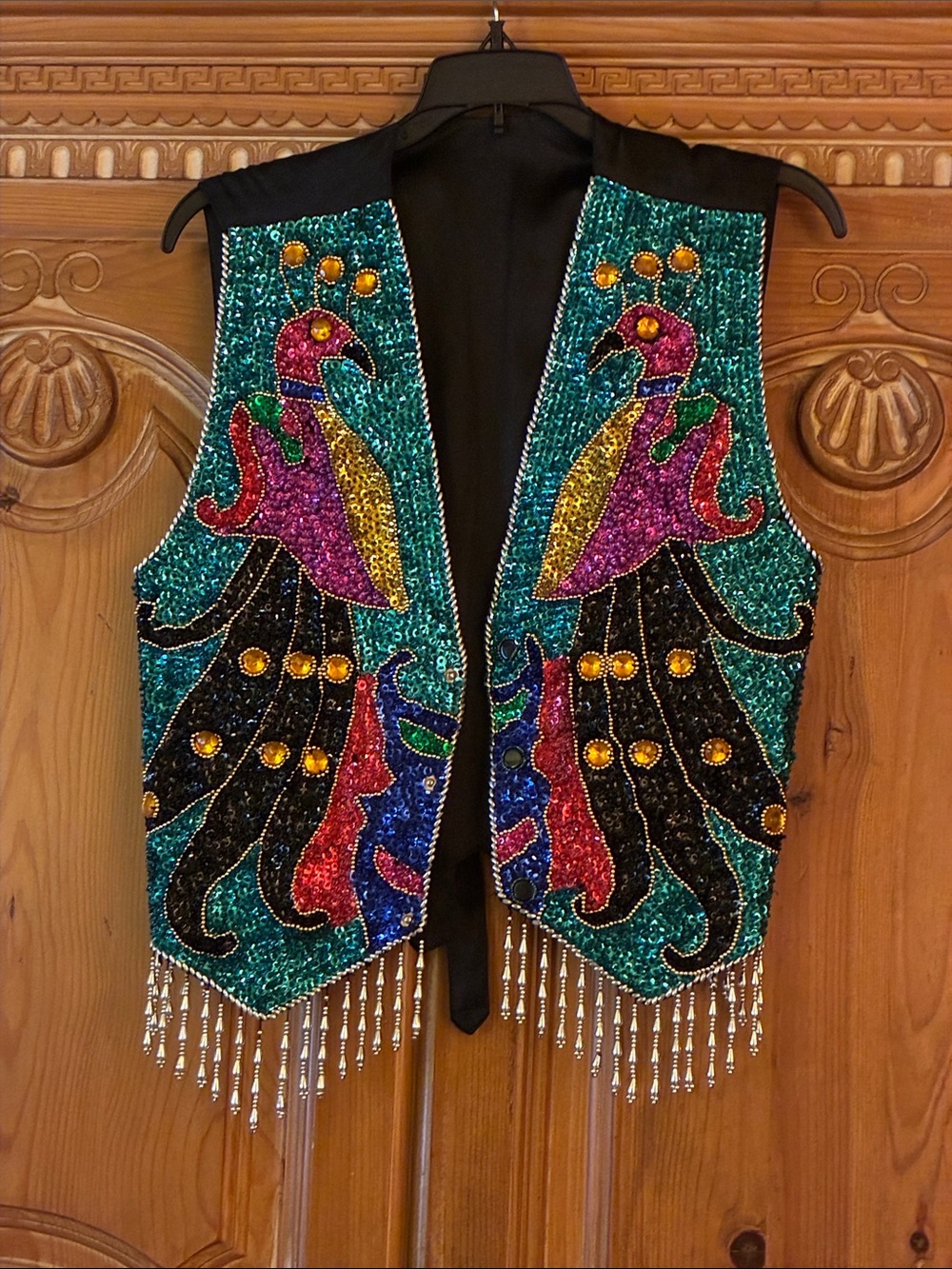 Beaded Peacock Sequin Vest in Teal, Black & Multicolor SMALL